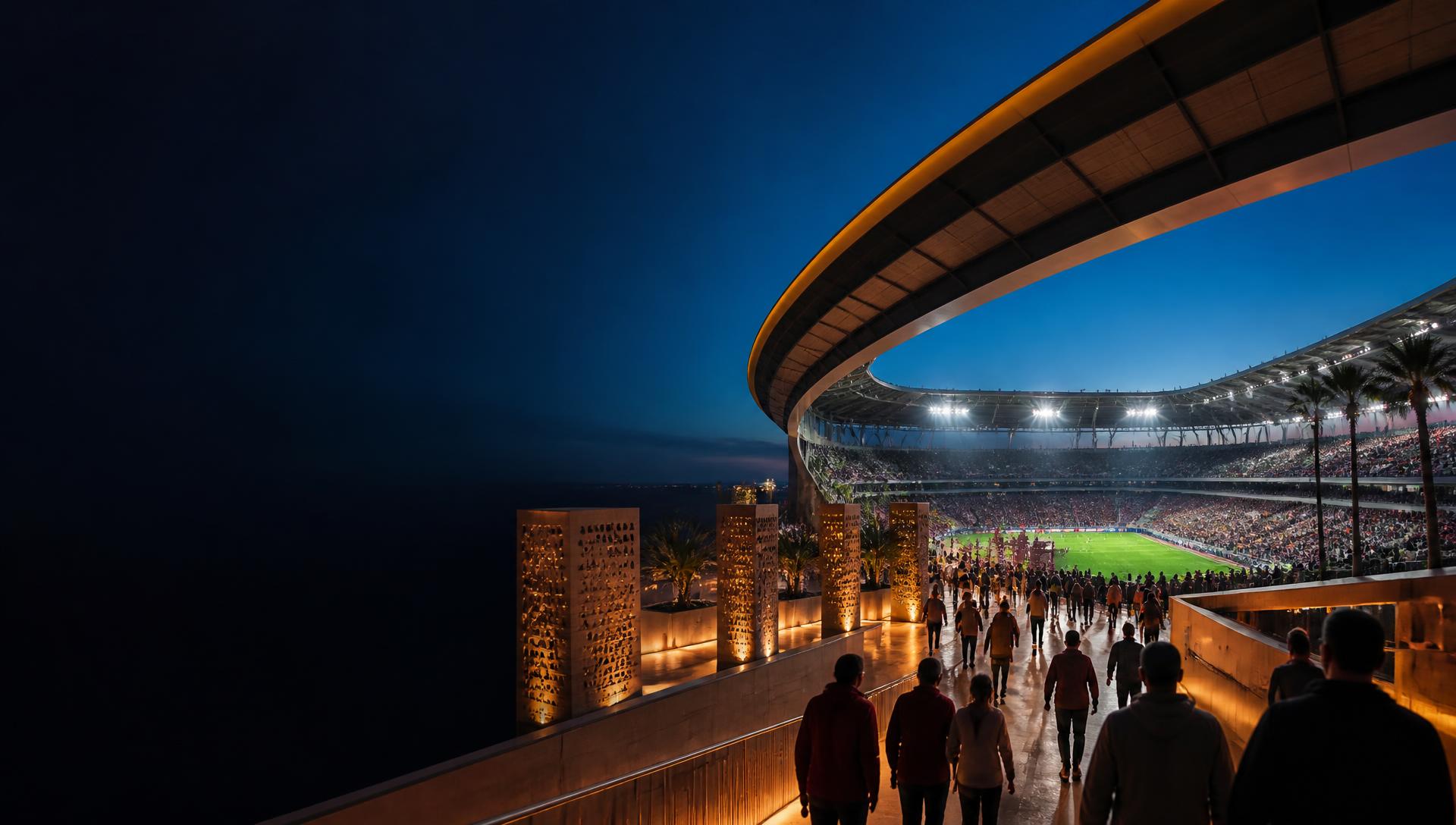 Supporters arriving at a floodlit football stadium